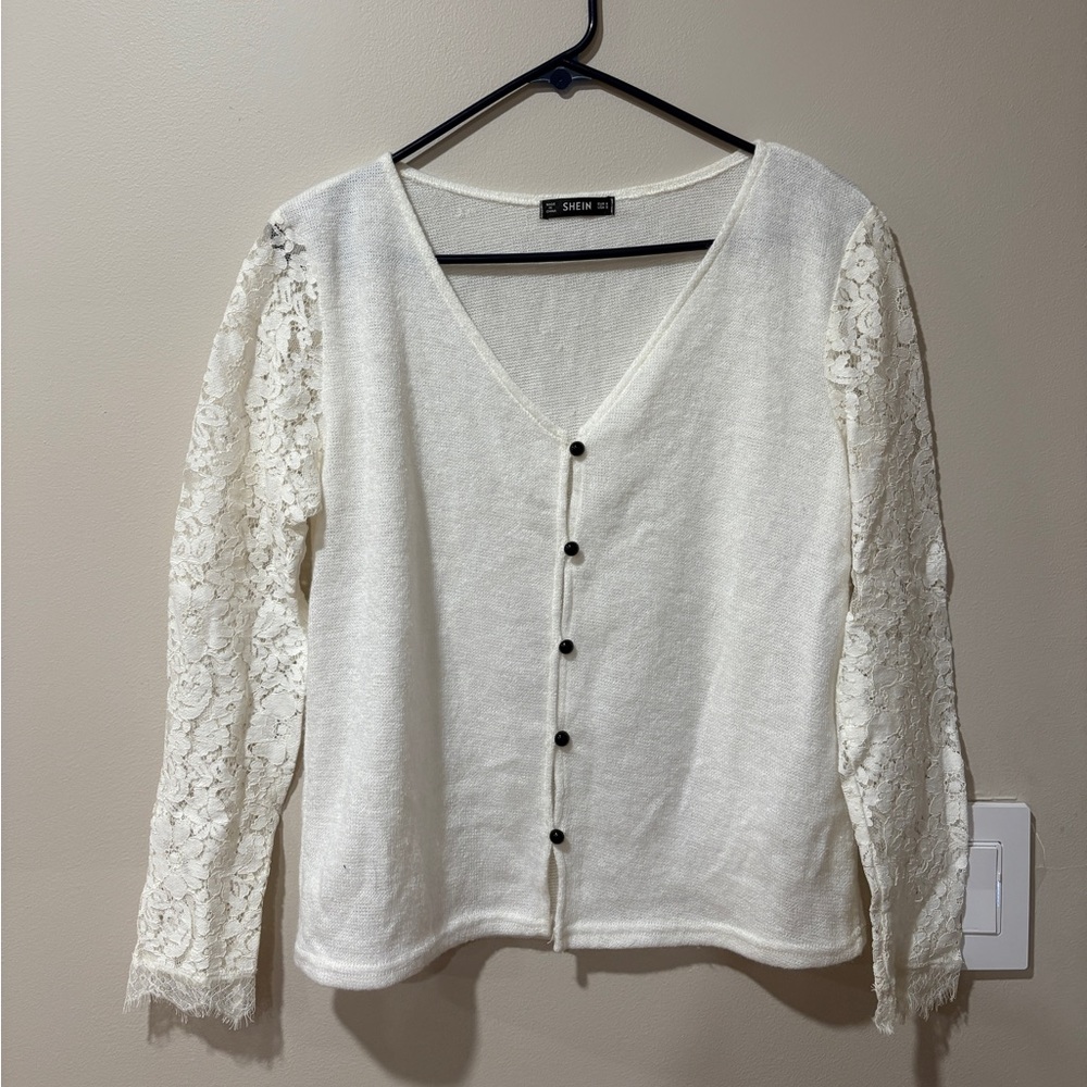 SHEIN White Lace Sleeve Button Down Shirt